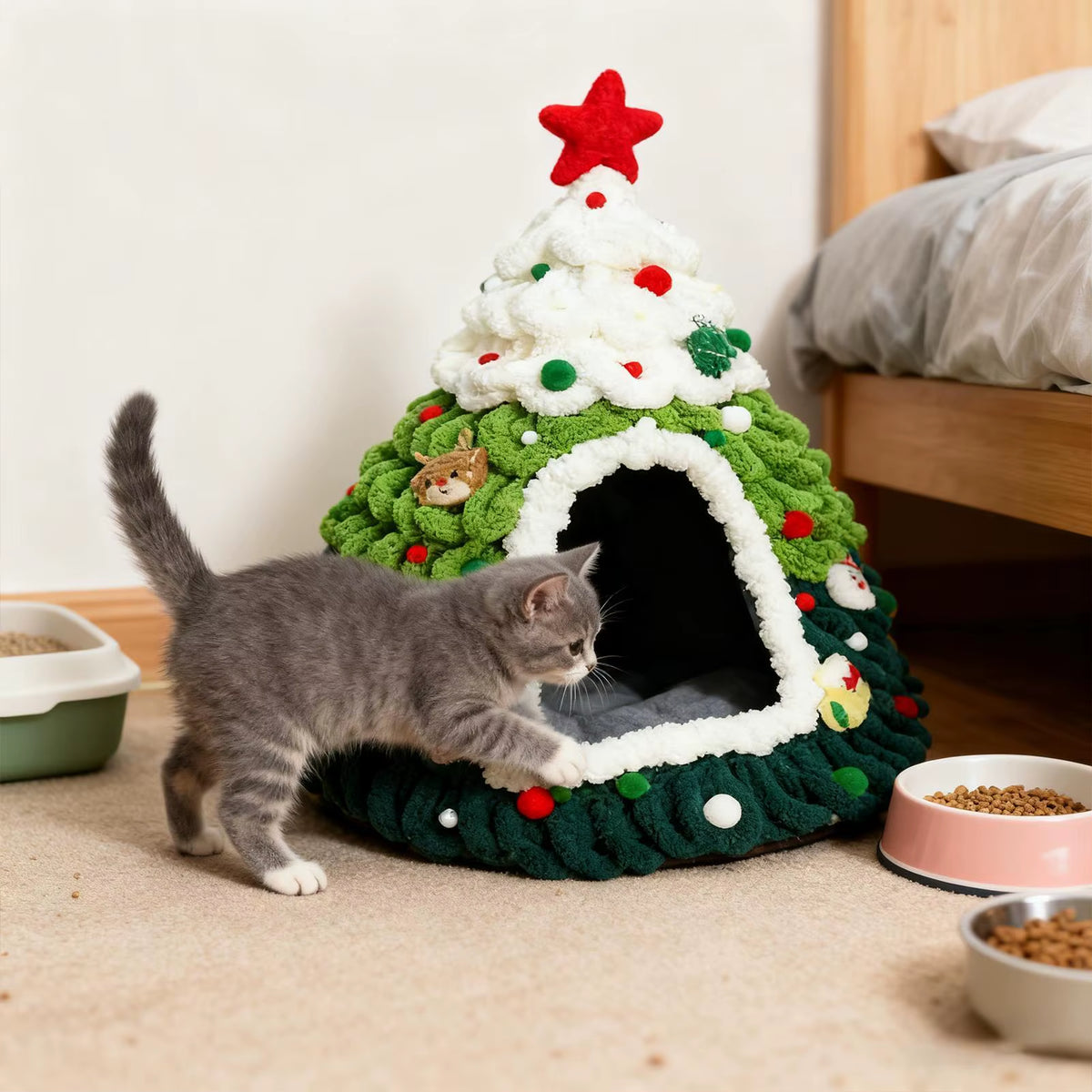 Christmas Cat House Tree Design Knit Warm Nest Cat Christmas Tree for Kitten Small Pet Indoor Outdoor Home Winter Sleeping