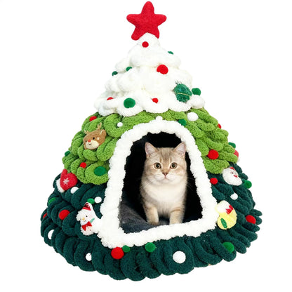 Christmas Cat House Tree Design Knit Warm Nest Cat Christmas Tree for Kitten Small Pet Indoor Outdoor Home Winter Sleeping