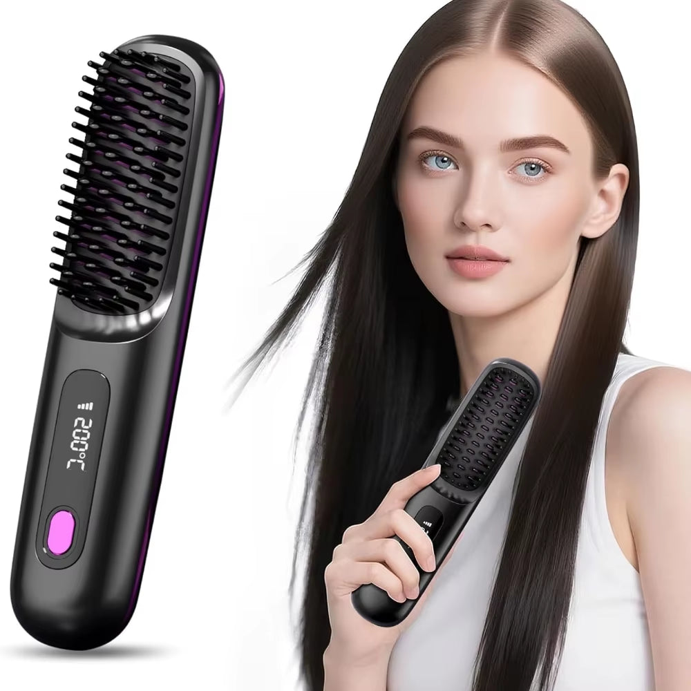 Hair Straightener Brush with LCD Display Cordless USB Charging Straightener Portable Mini Straightening Brush for Home Travel