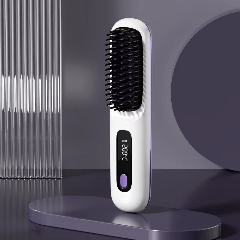 Hair Straightener Brush with LCD Display Cordless USB Charging Straightener Portable Mini Straightening Brush for Home Travel