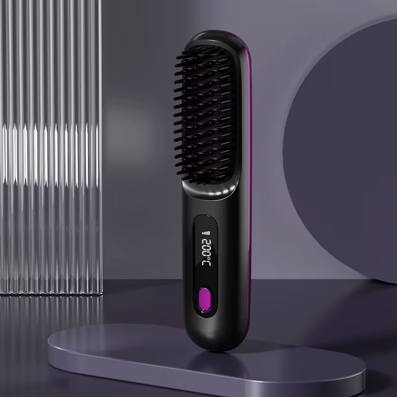 Hair Straightener Brush with LCD Display Cordless USB Charging Straightener Portable Mini Straightening Brush for Home Travel
