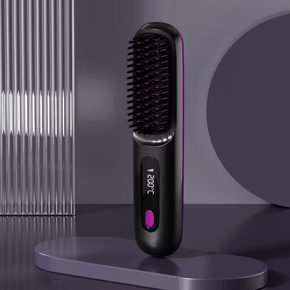Hair Straightener Brush with LCD Display Cordless USB Charging Straightener Portable Mini Straightening Brush for Home Travel