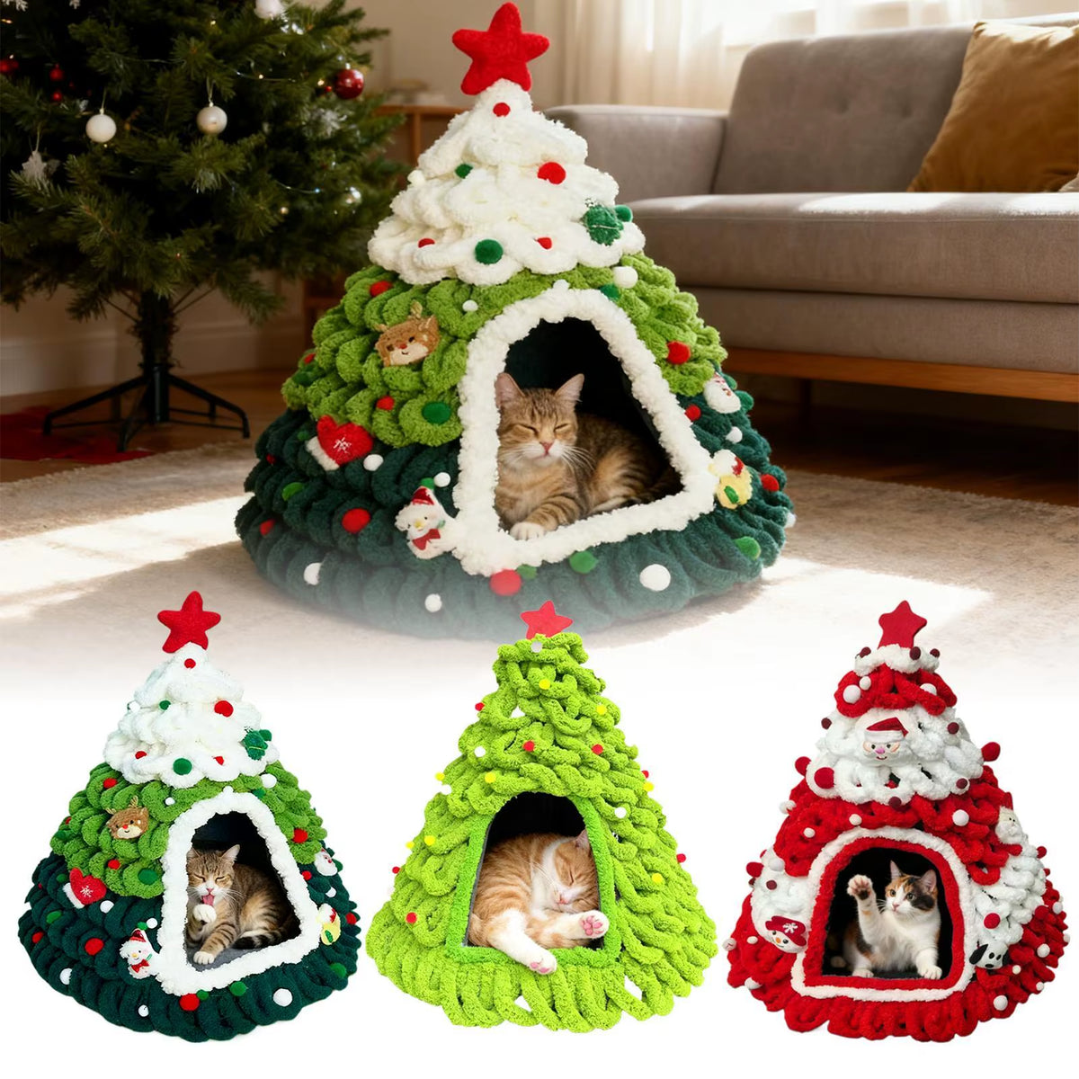 Christmas Cat House Tree Design Knit Warm Nest Cat Christmas Tree for Kitten Small Pet Indoor Outdoor Home Winter Sleeping