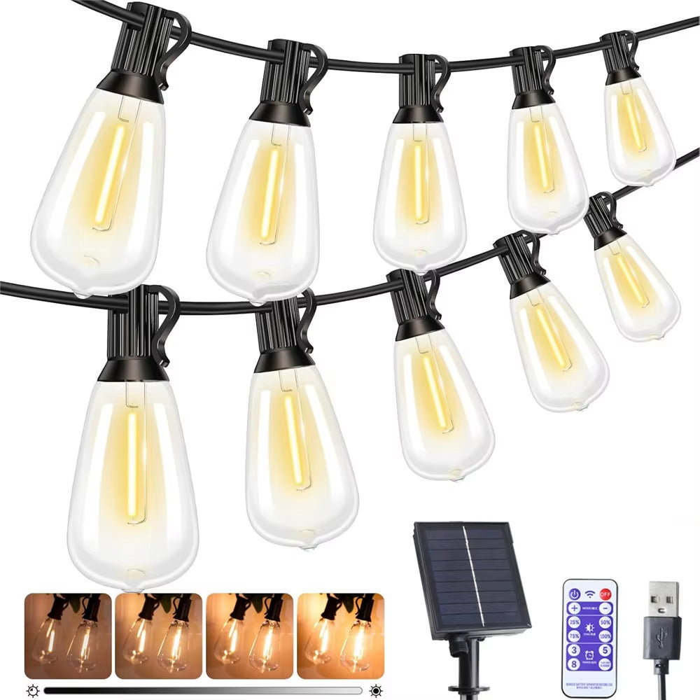 LED ST38 Solar String Lights for Outside, USB & Solar Dual Charging Outdoor String Lights for Porch Garden Camping